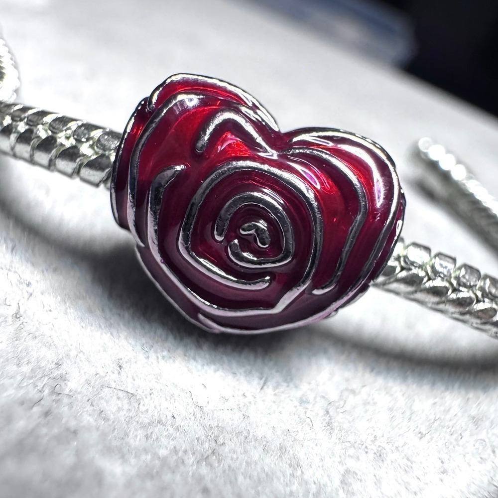 Heart Rose Charm Bead Red Enamel Silver Tone fits Pandora - Picture 2 of 11
